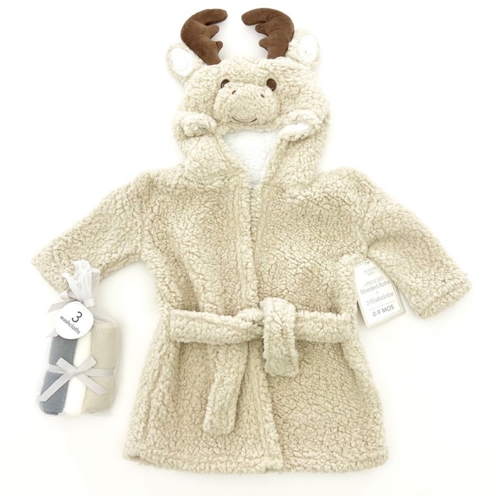 NEW Modern Baby 4/9M 4 Piece Set Mousse Hooded Robe & Washcloths